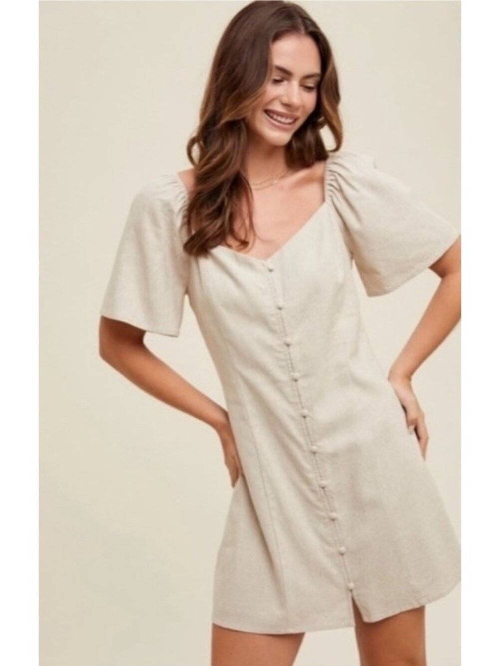 Abercrombie & Fitch Linen Blend Button Front Puff Sleeve Mini Dress White XL NWT